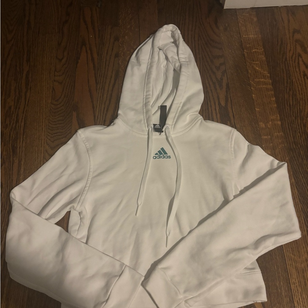 adidas White Hoodie with Teal Logo